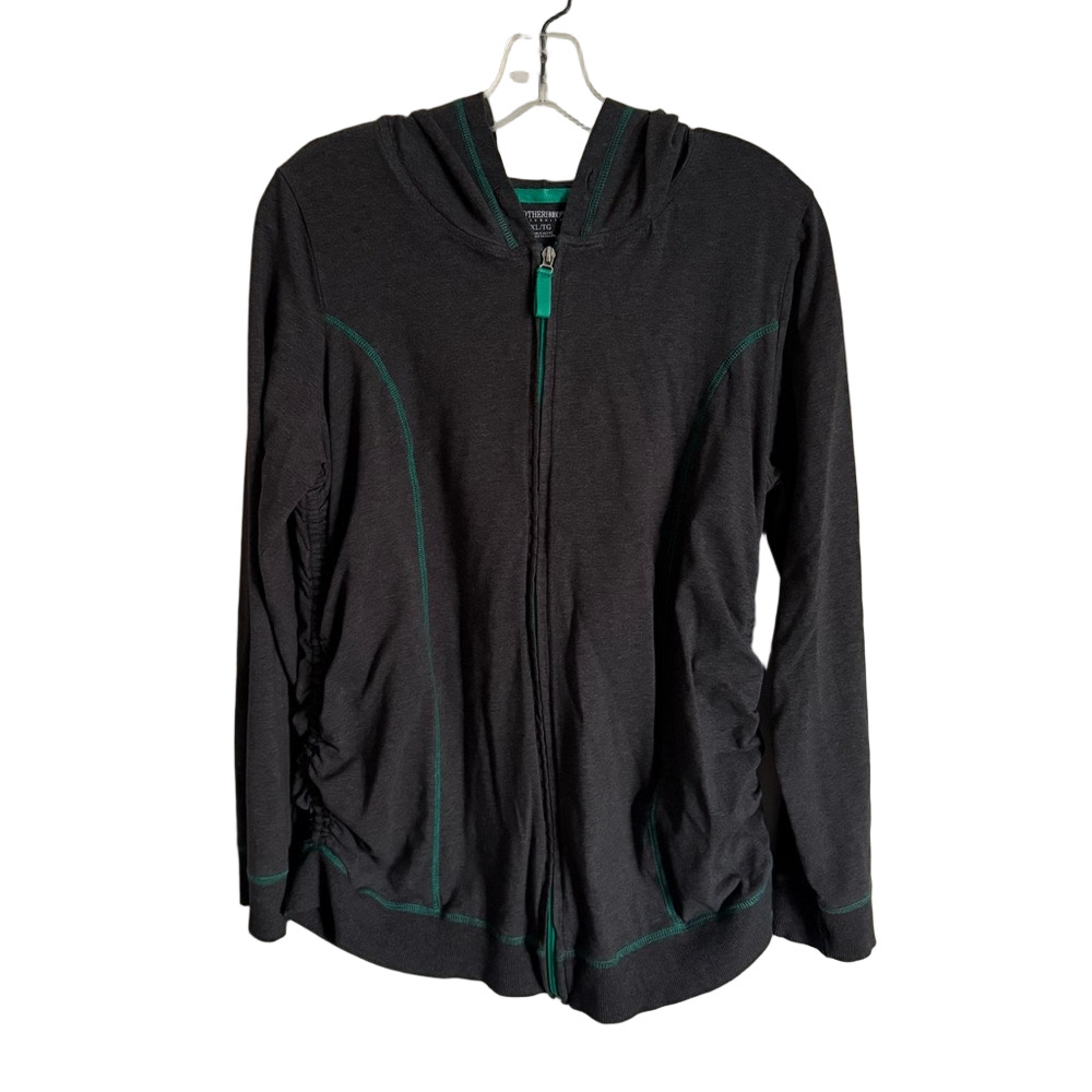 Motherhood Maternity Charcoal and Teal Zip Up Hoodie Women's XL Ruched Sides